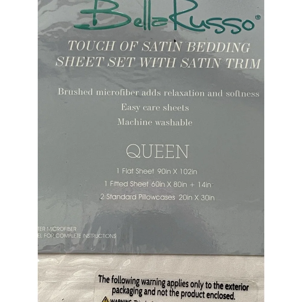 Queen Bed Set White Blue Satin Trim Bella Russo NEW Easy Care Brushed Microfiber